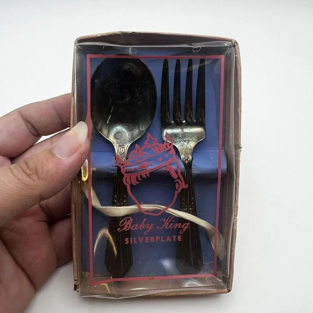 National Silver Co Baby King Silverplate EPNS Baby Spoon Fork Educator Set Box